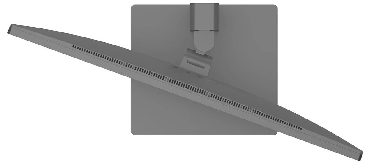Draufsicht eines grauen, gebogenen Computermonitors auf einem Ständer, der das Rückpanel und das Lüftungsgitter entlang der oberen Kante zeigt.