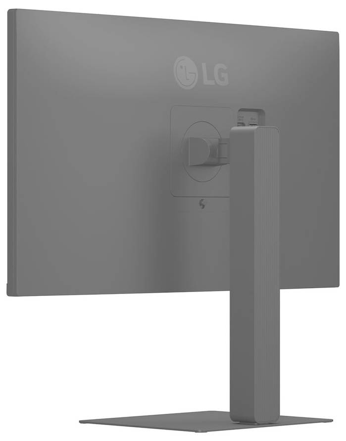Ein moderner LG-Monitor, von hinten betrachtet, mit elegantem, minimalistischem Design und einem rechteckigen Ständer, der den Bildschirm aufrecht hält.