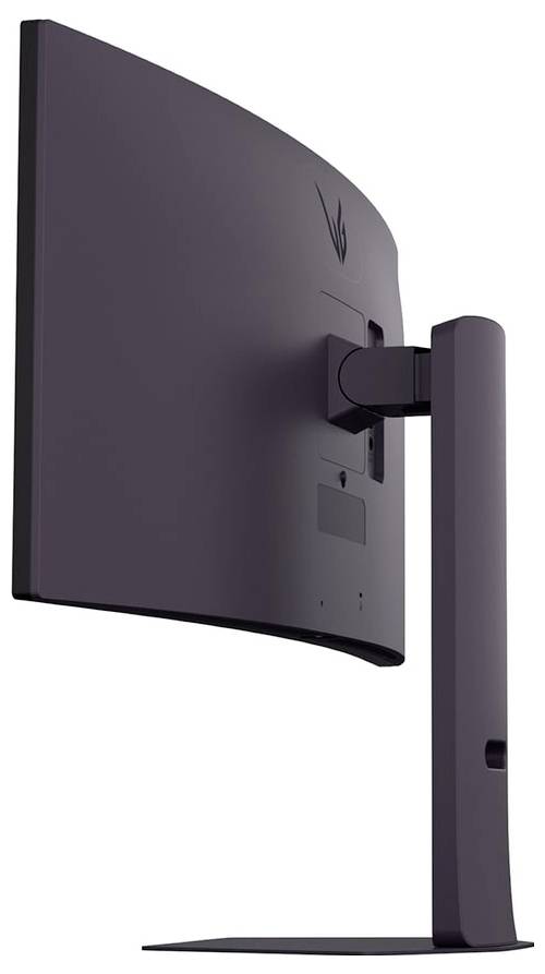 Eine Seitenansicht eines gebogenen Computermonitors mit einem schlanken, mattschwarz gehaltenen Ständer, der sein elegantes Design und seinen verstellbaren Arm präsentiert.