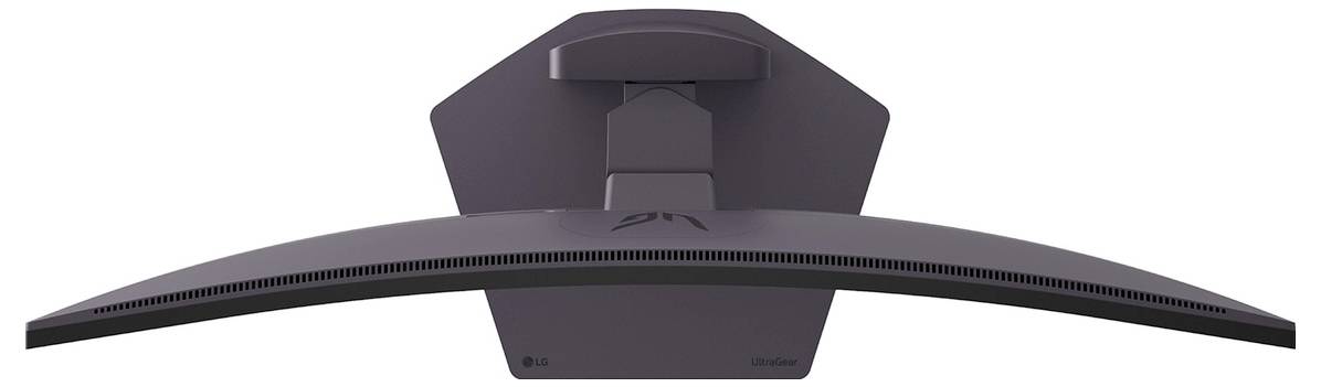 Das Bild zeigt die Rückansicht eines gebogenen Computermonitors mit einem verstellbaren Ständer, der für verbesserte Sichtwinkel und ergonomische Nutzung konzipiert ist.