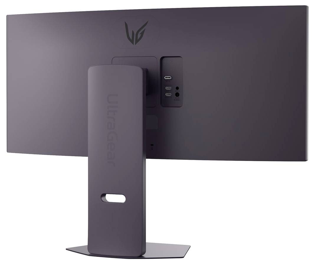 Ein schlanker, breiter Computermonitor von hinten gesehen, der zwei USB-Anschlüsse und eine Konsole mit der Aufschrift 