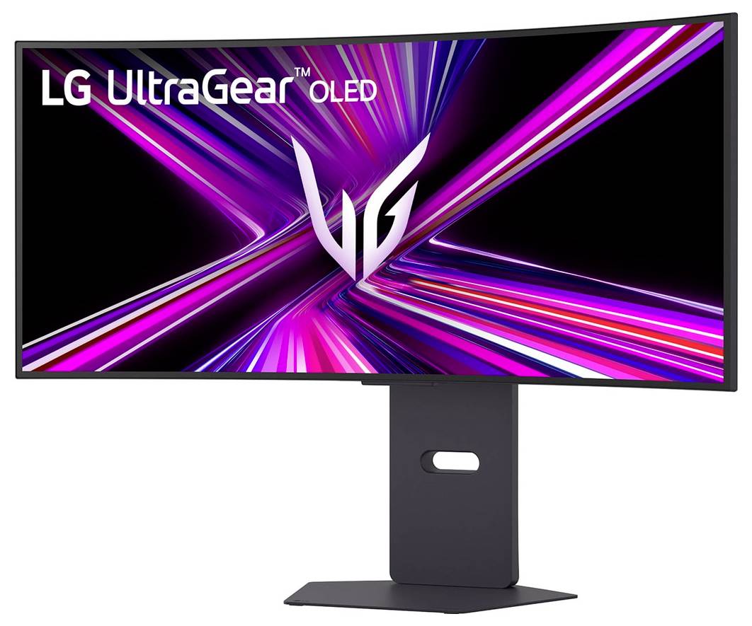 Gebogener LG UltraGear OLED-Monitor mit leuchtend violetten und pinken Lichtstreifen auf dem Bildschirm, der sein schlankes Design und die hochwertige Anzeige präsentiert.