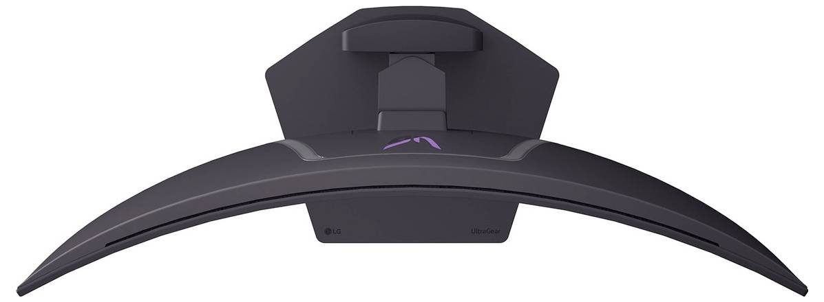 Gebogener Monitor, von oben betrachtet, an einer Wandhalterung befestigt. Das Design des Monitors ist schlank und modern mit subtiler Hintergrundbeleuchtung.