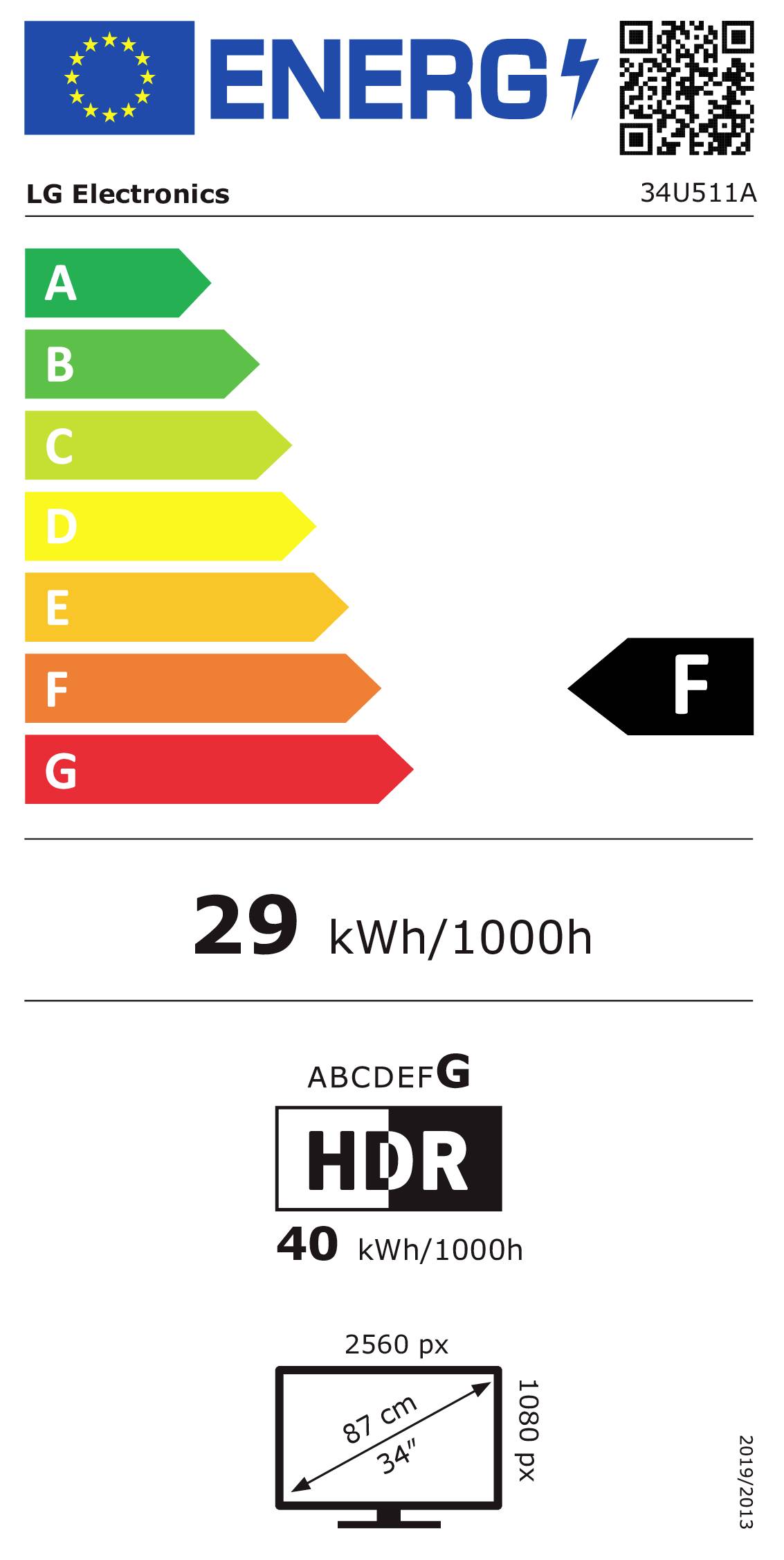 Energieeffizienz-Etikett für LG Electronics Modell 34U511A: Klasse F, 29 kWh/1000h, HDR 40 kWh/1000h. Bildschirmgröße 87 cm, 2560x1080 Pixel.