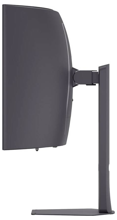 Seitenansicht eines geschwungenen Computermonitors auf einem Ständer, der seinen eleganten Profil und den verstellbaren Scharniermechanismus präsentiert.