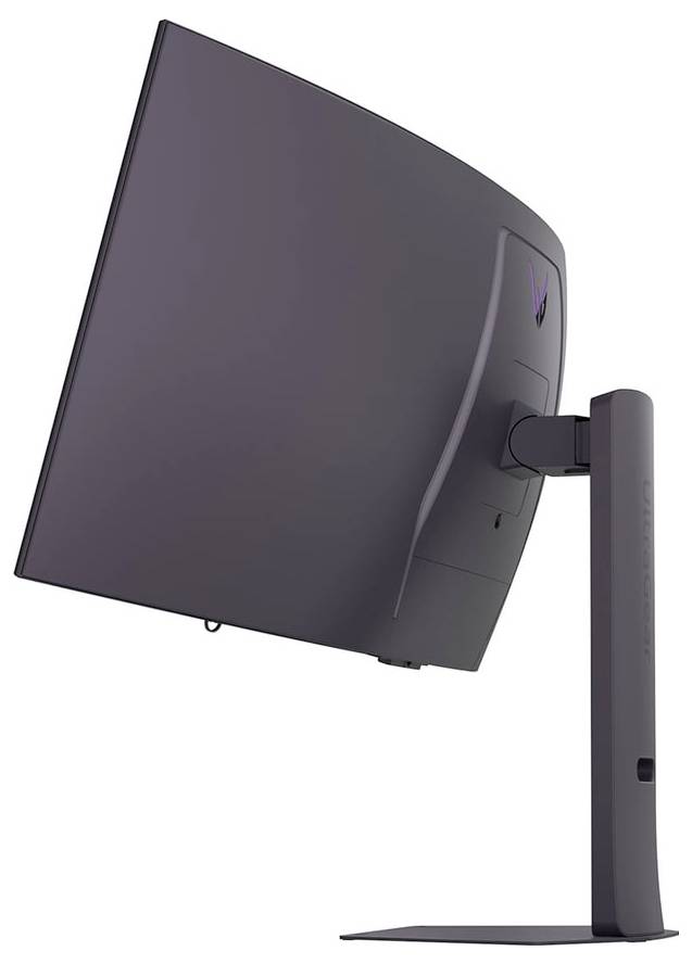 Eine Seitenansicht eines geschwungenen Computermonitors auf einem Ständer, auf dem kein sichtbarer Bildschirminhalt zu sehen ist. Das Design wirkt schlank und modern.