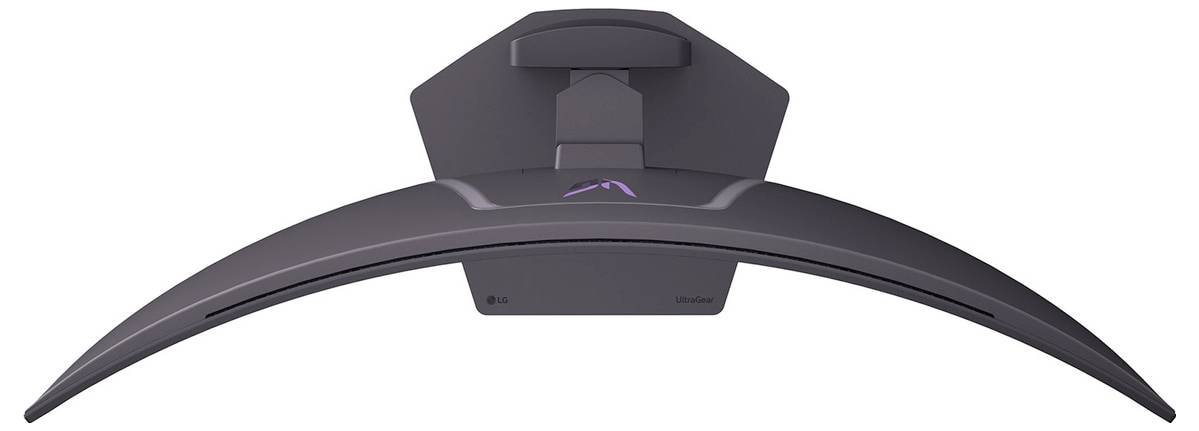 Ein gekrümmter Gaming-Monitor, von hinten betrachtet, mit elegantem Design und einem beleuchteten Logo in der Mitte oben am Ständer.