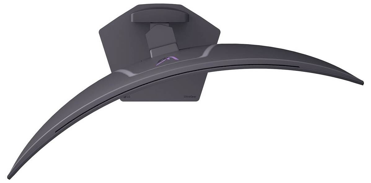 Gebogener Gaming-Monitor von hinten betrachtet, mit ergonomischem Ständer und farbenfrohen LED-Beleuchtungsakzenten.