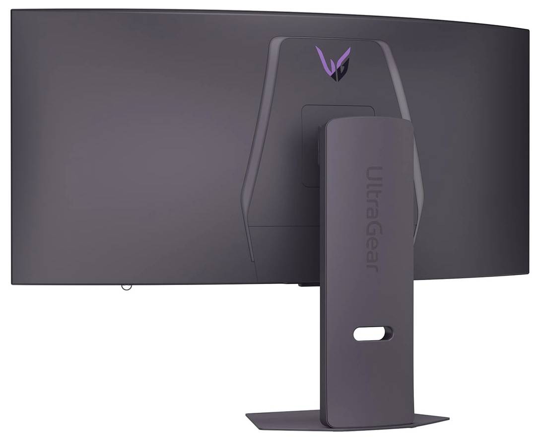 Rückansicht eines Flat-Screen-Monitors der Marke 'UltraGear', mit elegantem Design und einem stabilen Ständer.