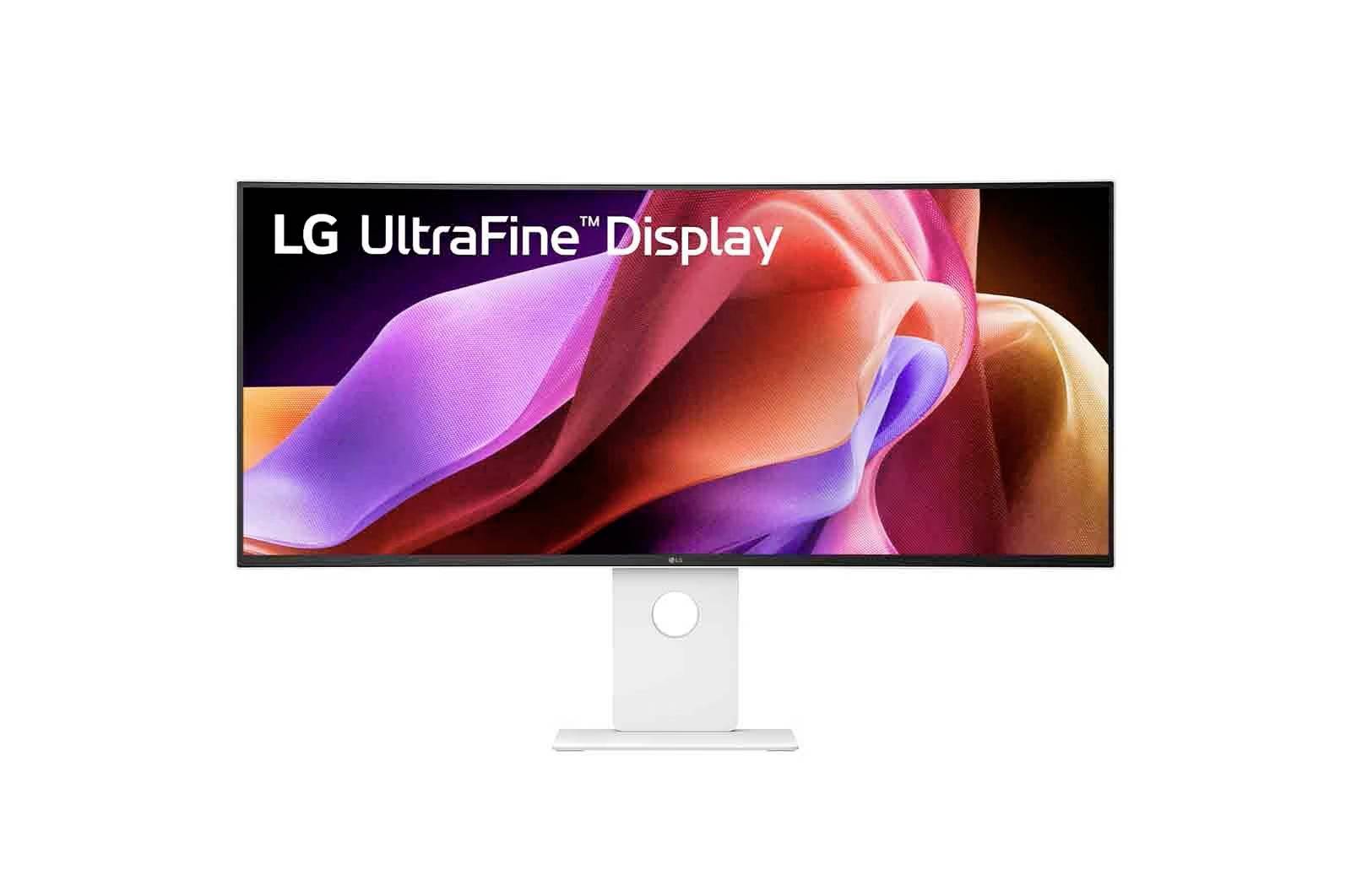 Breiter Monitor, der lebendige, farbenfrohe abstrakte Wirbel zeigt, mit dem Text 'LG UltraFine Display' oben links.