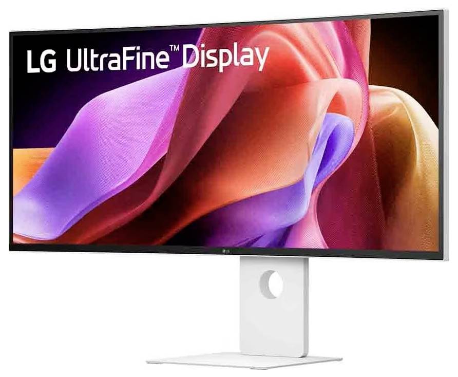 Ein breiter LG UltraFine Display-Monitor mit leuchtenden, fließenden Farbstofffabrics auf dem Bildschirm, der den Text 