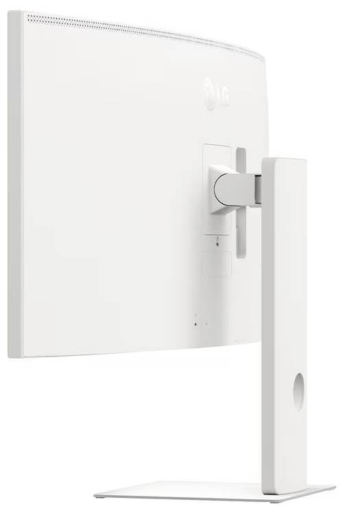 Ein weißer Computer-Monitor, von der Seite betrachtet, der seinen verstellbaren Ständer und seine Befestigung auf einer ebenen Oberfläche zeigt.