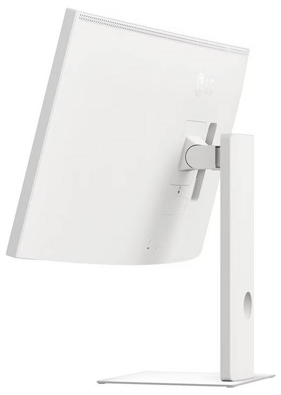 Ein weißer, moderner Computermonitor aus Seitenperspektive, der seinen verstellbaren Ständer und sein schlankes Design zeigt.