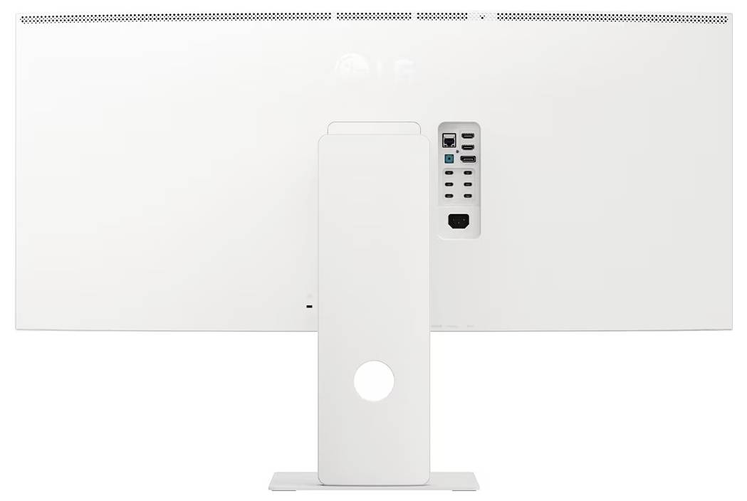 Rückansicht eines weißen Computermonitors, die die Anschlüsse und Verbindungen auf dem Hinterpanel zeigt, einschließlich HDMI-, USB- und Stromeingangsports.