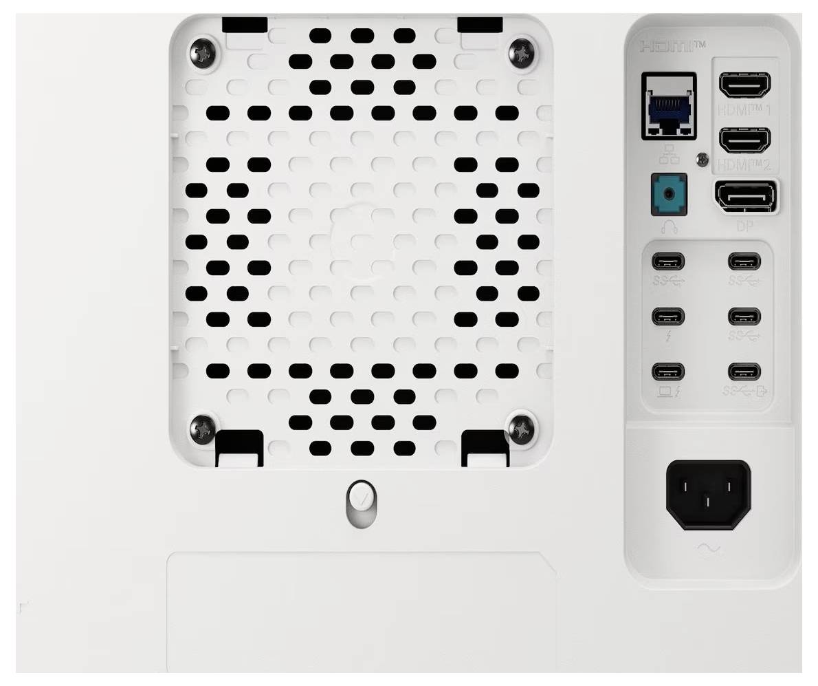 Rückseite eines elektronischen Geräts mit mehreren HDMI-Anschlüssen, USB-Anschlüssen, einem Stromanschluss und einem Lüftungsgitter.