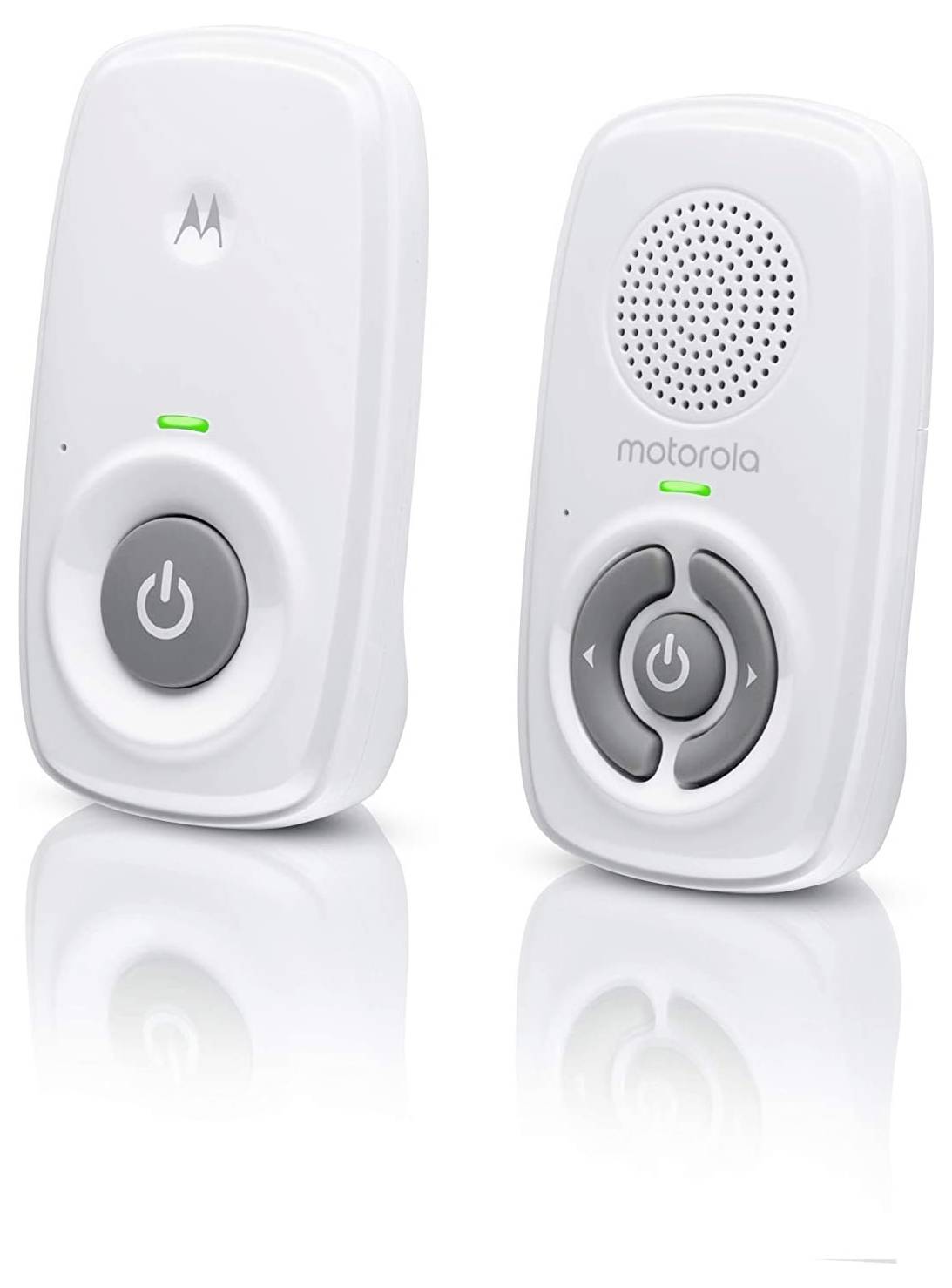 Zwei weiße Babyphone-Geräte der Marke Motorola mit großen Tasten und Lautsprecheröffnungen, nebeneinander angeordnet.