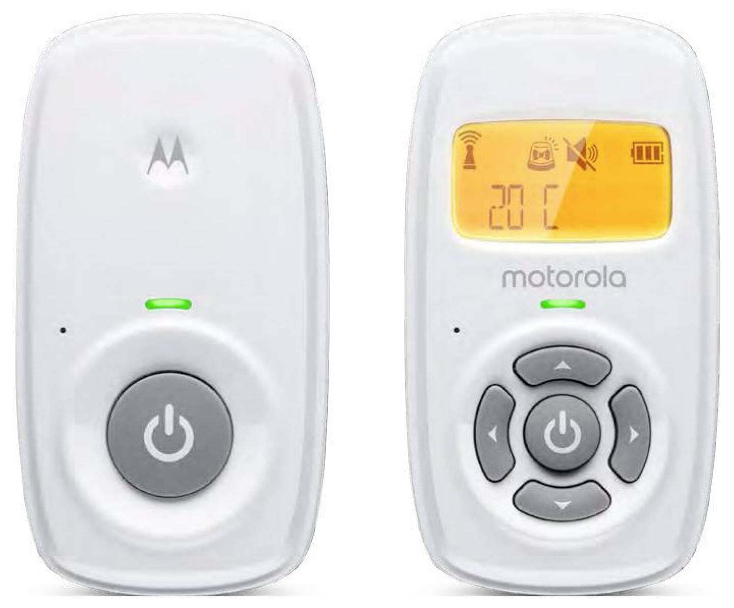 Babyphone mit digitalem Display, das 20°C anzeigt und Symbole für Signalstärke, Akku und Lautstärke enthält. Zwei Geräte, eines mit Bedienungselementen und Bildschirm.