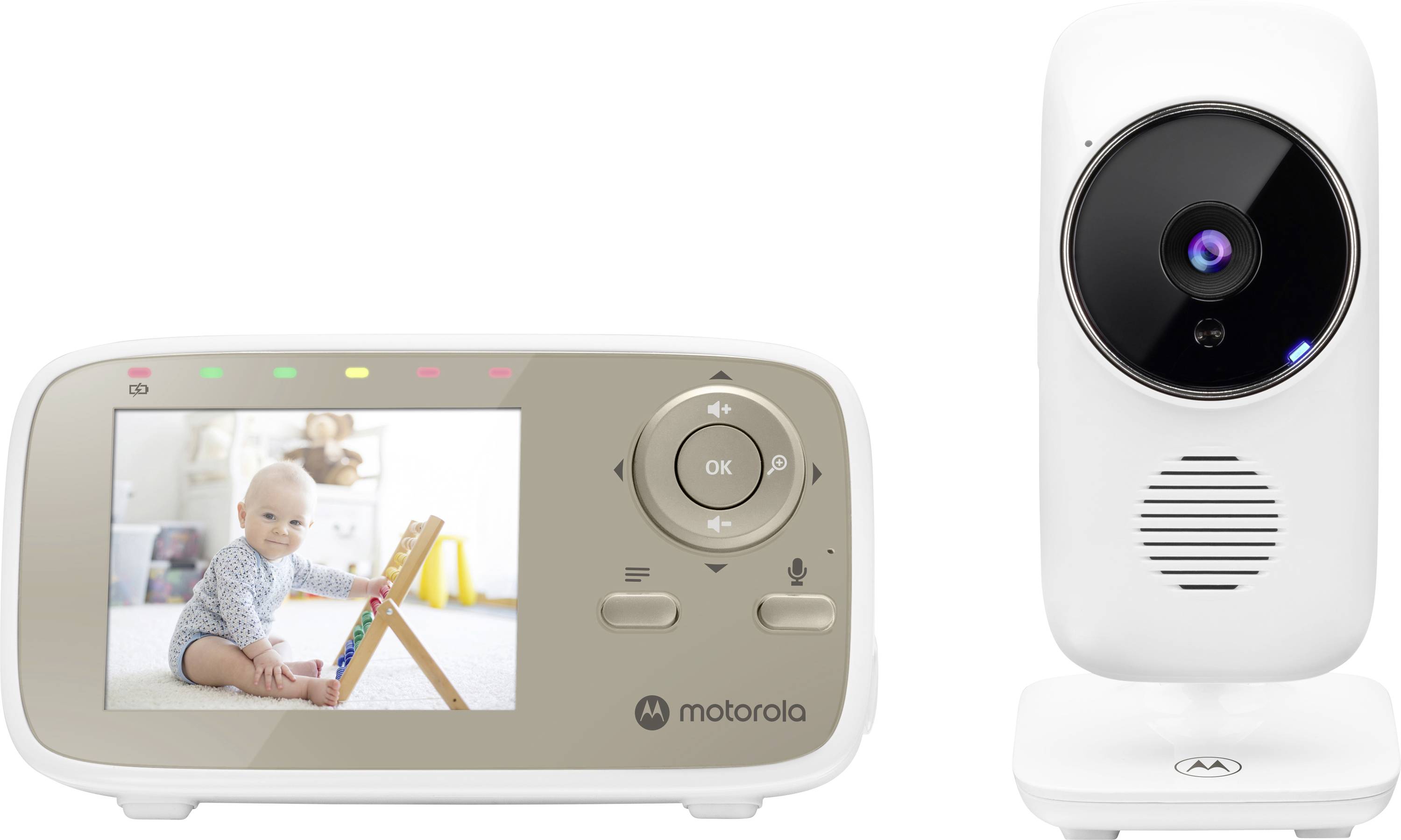 Ein Babyphone mit einem Bildschirm, auf dem ein sitzendes Baby mit einem Spielzeug spielt. Die Kamera ist neben dem Monitor positioniert.