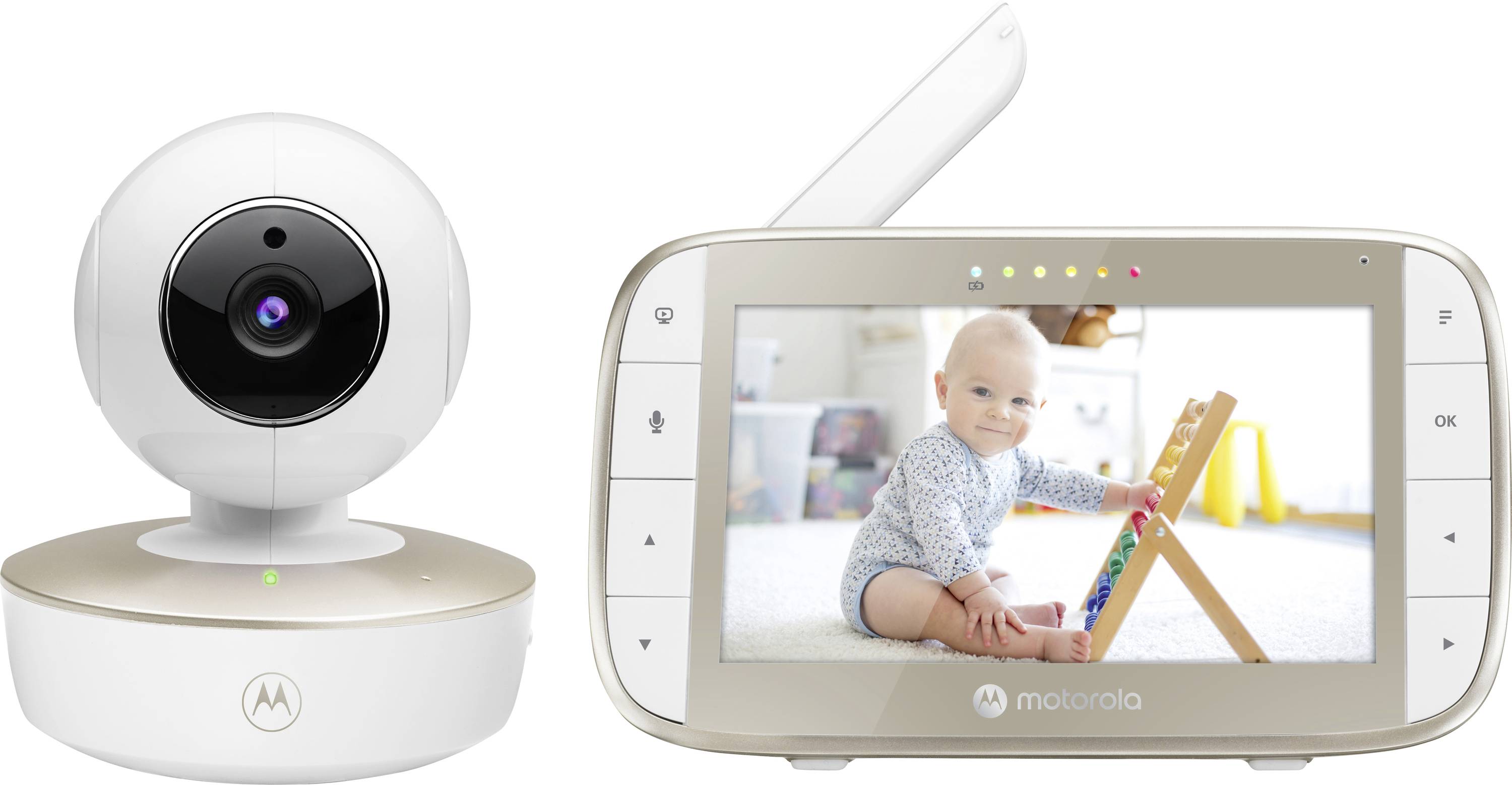 Ein Babyphone-System mit einer Kamera und einem Bildschirm, der ein lächelndes Baby im Innenbereich zeigt.