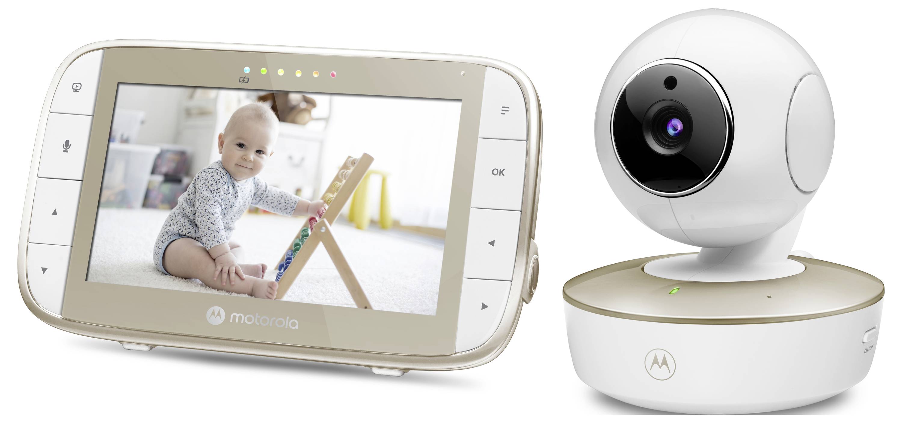 Ein Babyphone mit Bildschirm, auf dem ein spielendes Baby zu sehen ist. Die Kamera ist neben dem Bildschirm positioniert und präsentiert so ihr Design und ihre Funktionen.