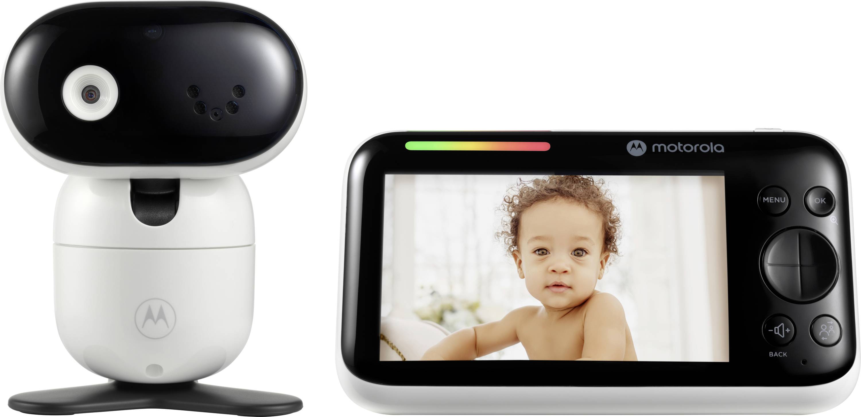 Motorola Babyphone-System mit Kamera und Bildschirm. Der Bildschirm zeigt ein Baby, und die Kamera ist mit einer Nachtsichlinse ausgestattet.