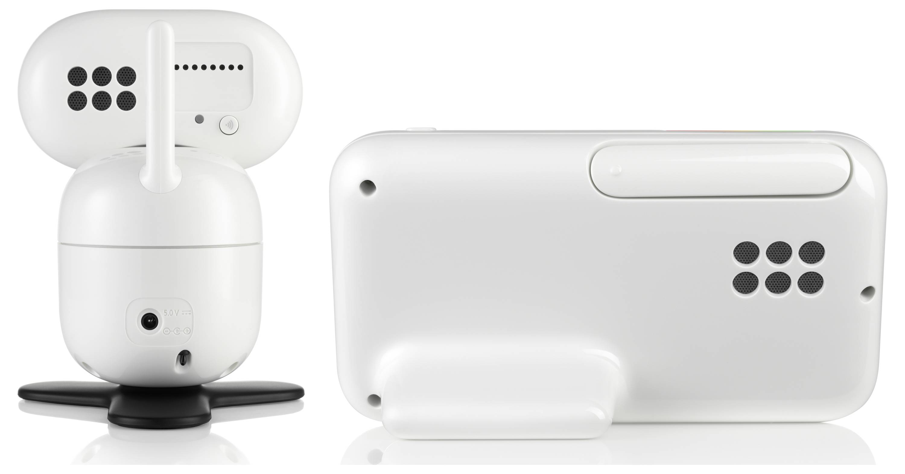 Zwei weiße Babyphone-Geräte; eine Kamera links mit Antenne und Sockel sowie ein tragbarer Empfänger rechts mit nicht sichtbarer Bildschirmseite.