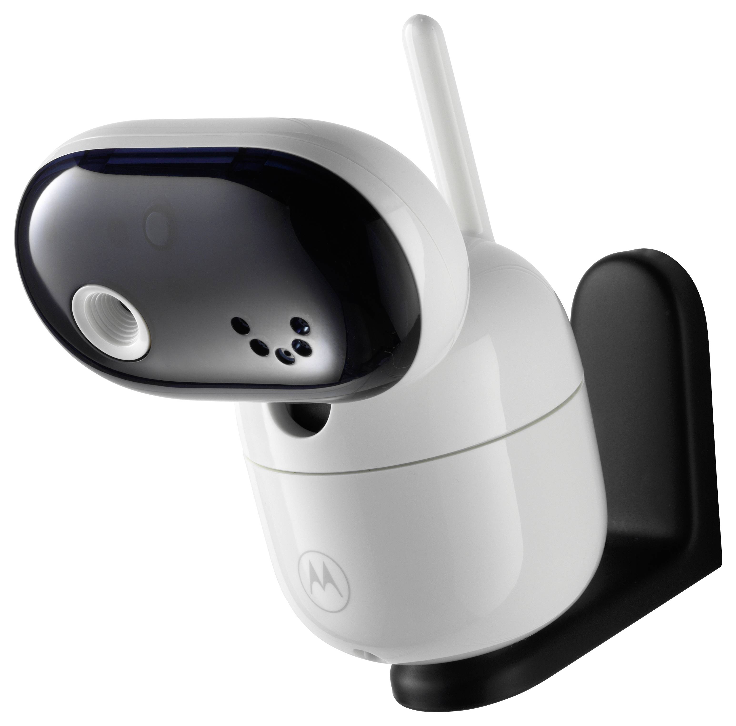 Eine weiße und schwarze Webcam, die an einer Wandhalterung befestigt ist. Sie verfügt über eine Antenne und mehrere Linsenkomponenten, geeignet für Überwachung oder Videoanrufe.