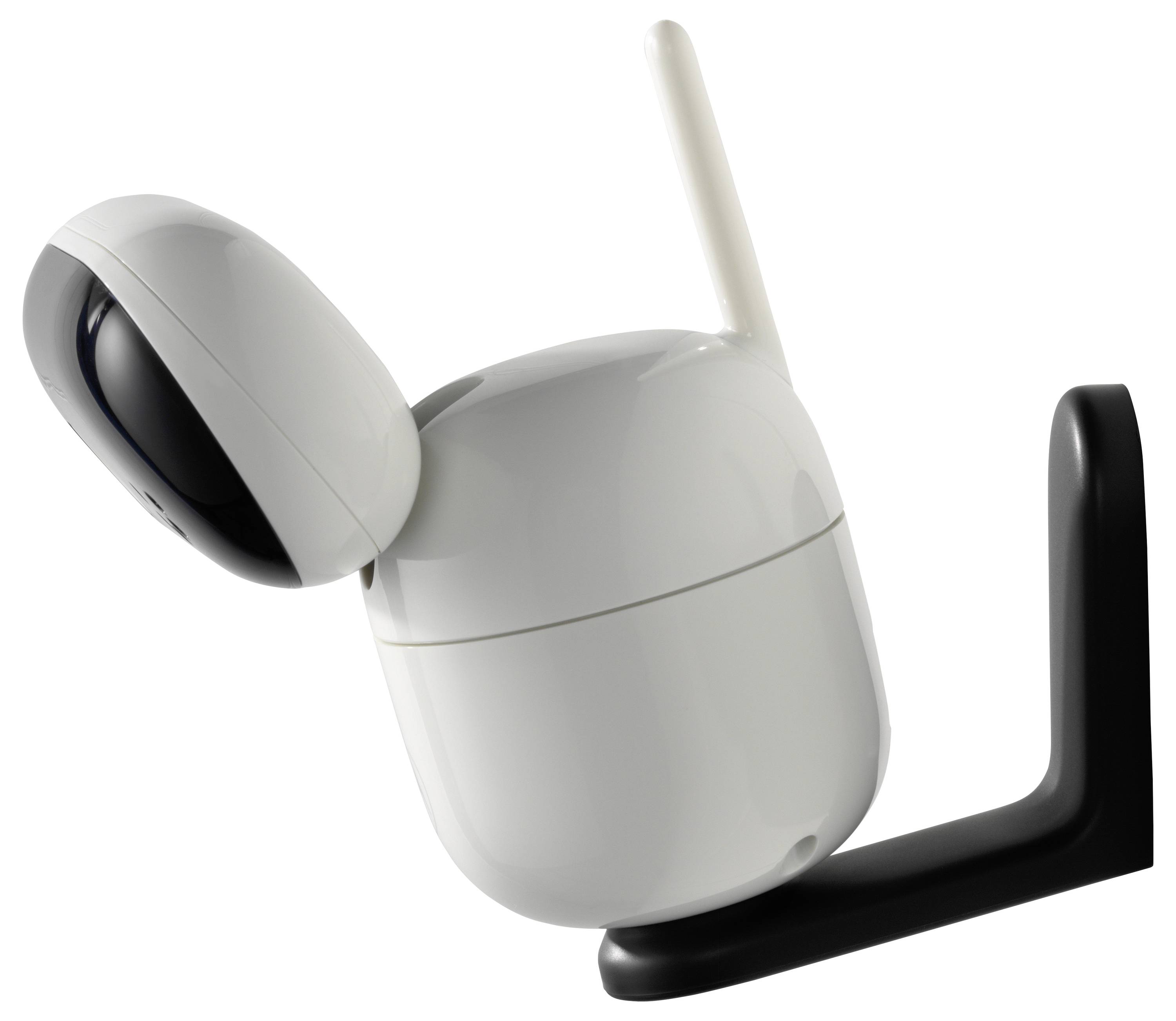 Eine weiße, moderne Sicherheitskamera, die auf einem schwarzen Halterungsbracket montiert ist. Sie verfügt über ein schlankes, abgerundetes Design und eine Antenne für drahtlose Konnektivität.