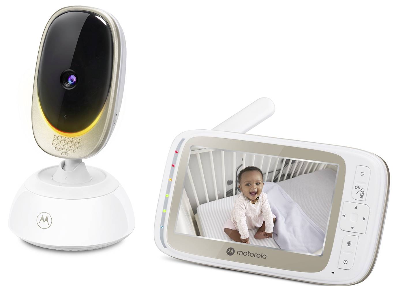 Eine Babyphone-Kamera und Anzeige. Die Kamera ist in Schwarz-Weiß, während das Display ein lächelndes Baby in einem Gitterbett zeigt.