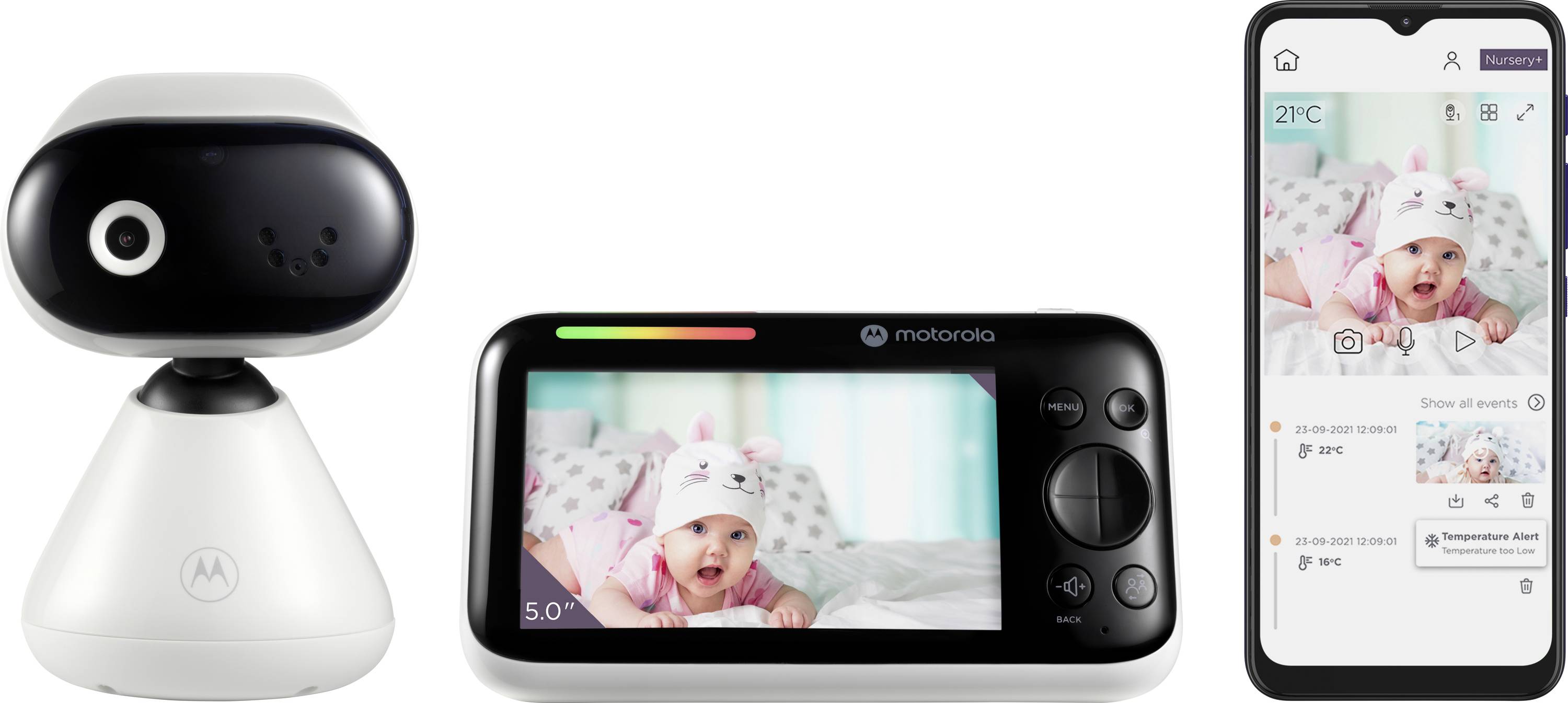 Babyphone-Set mit Kamera und Bildschirm; Smartphone-App zeigt Videobild des Babys und die Raumtemperatur und ermöglicht so eine Fernüberwachung.