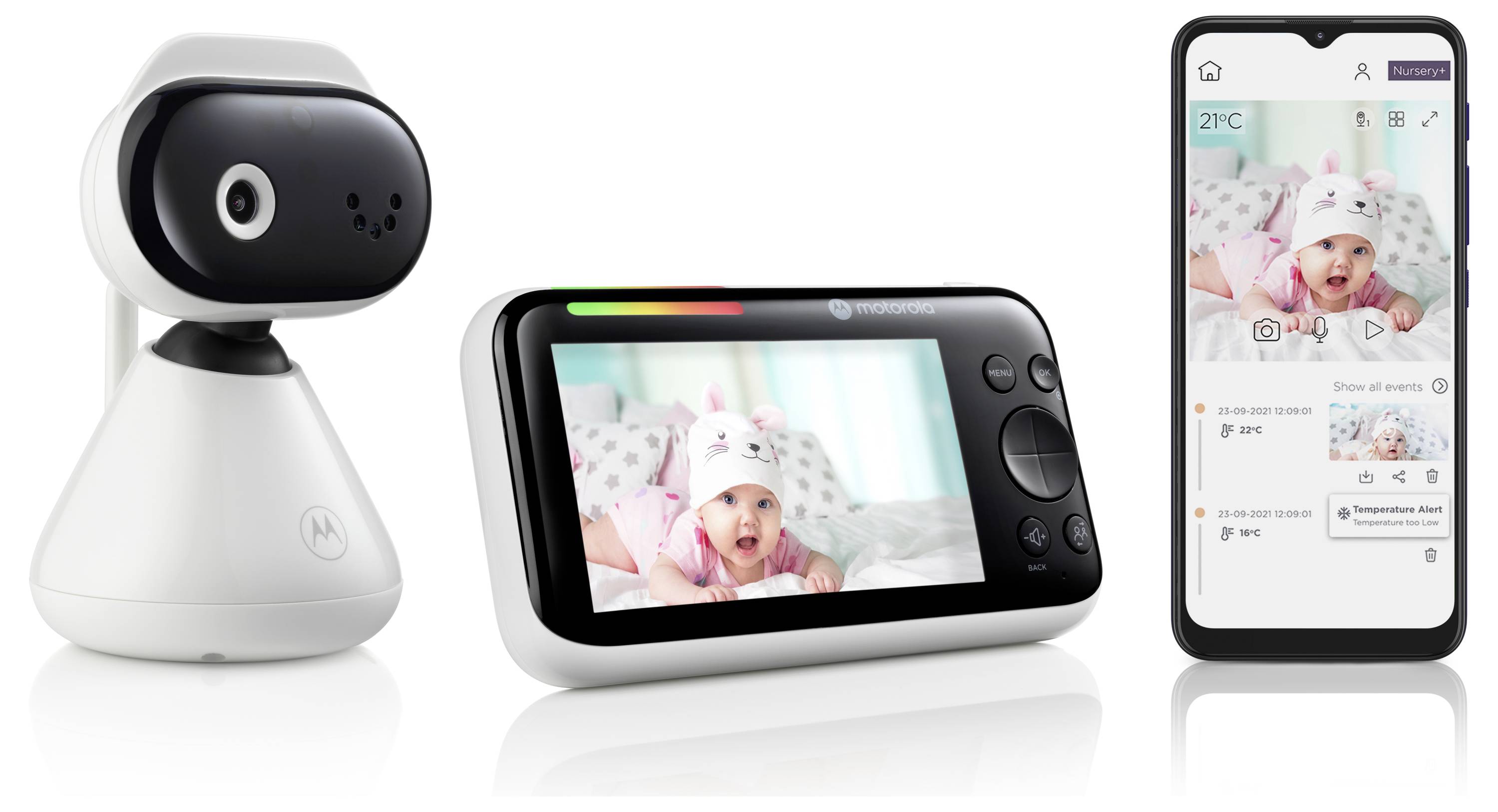 Ein Babyphone-System mit Kamera, tragbarem Monitor und Smartphone-Display. Der Bildschirm zeigt ein Baby in einem Kinderbett.
