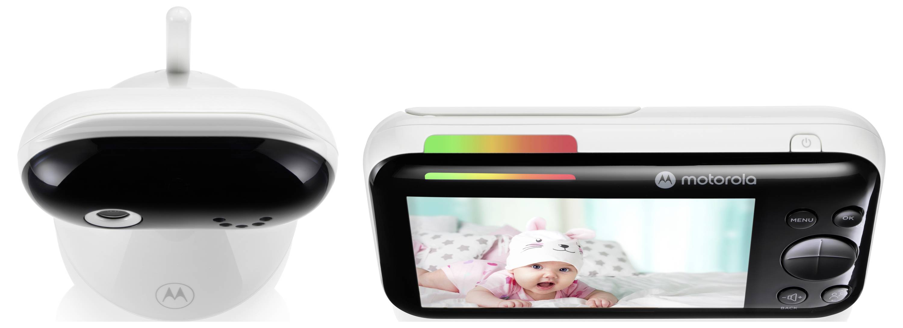 Babyphone von Motorola mit einer Kameraeinheit und einer Anzeigeeinheit mit einem Bildschirm, auf dem ein liegendes Baby zu sehen ist, und Farbindikatoren darüber.