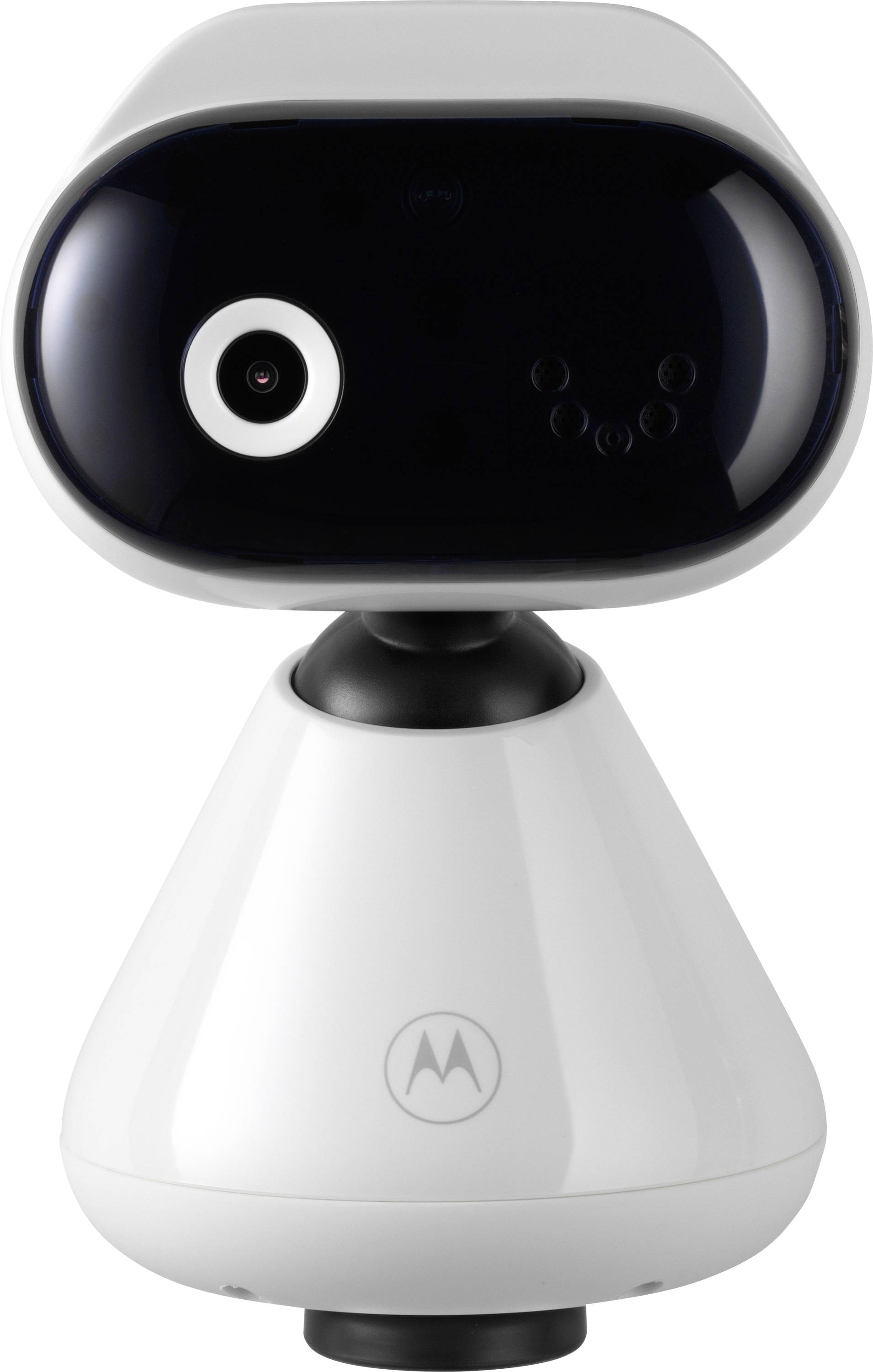 Ein kleines, weißes, roboterähnliches Gerät mit einer schwarzen Kameralinse auf dem Kopf, versehen mit dem Motorola-Logo auf seinem Gehäuse.
