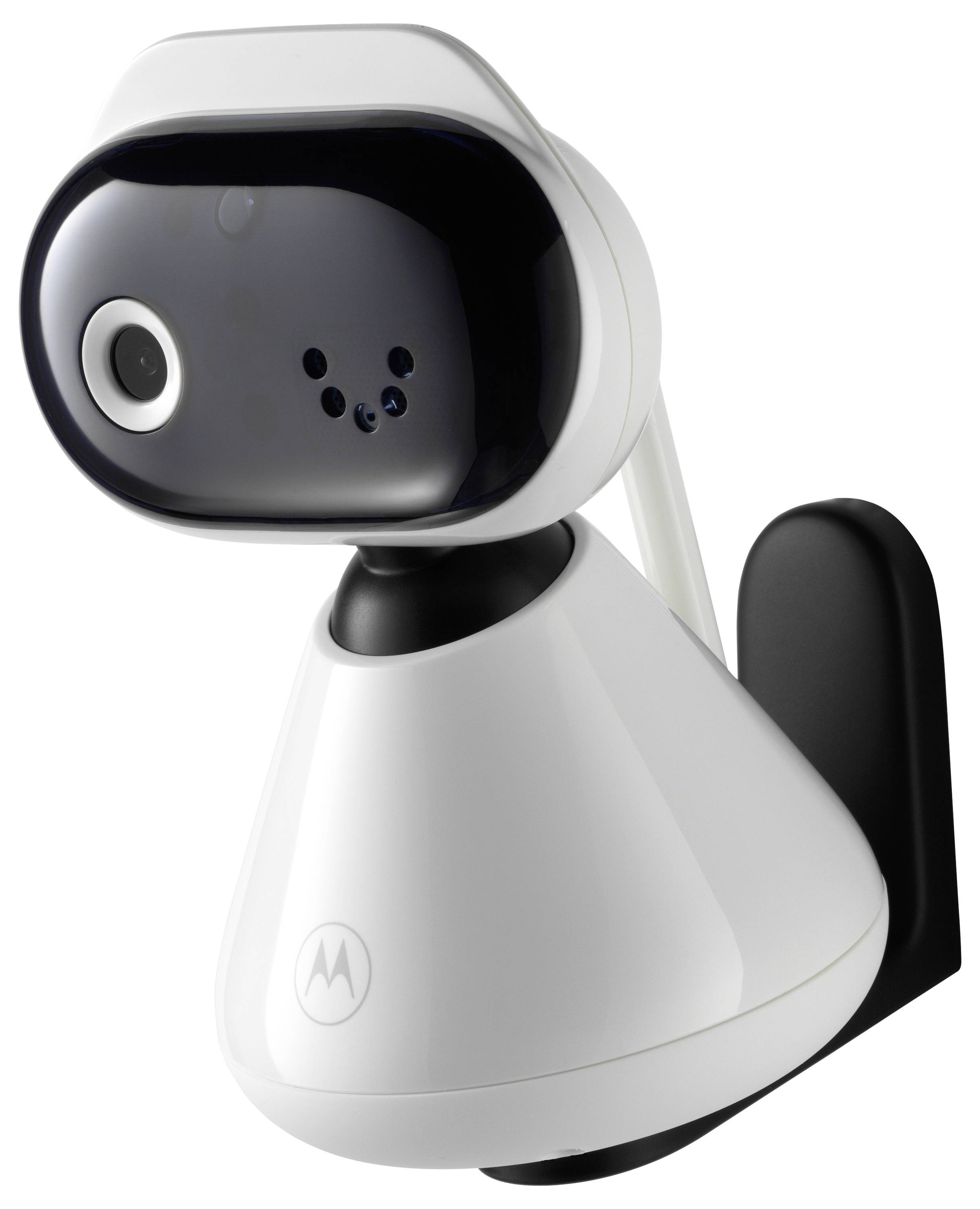 Eine schlanke, kegelförmige weiße Sicherheitskamera, die auf einem Wandhalter montiert ist. Sie verfügt über ein schwarzes Objektiv und einen detaillierten Bereich oben, designed von Motorola.