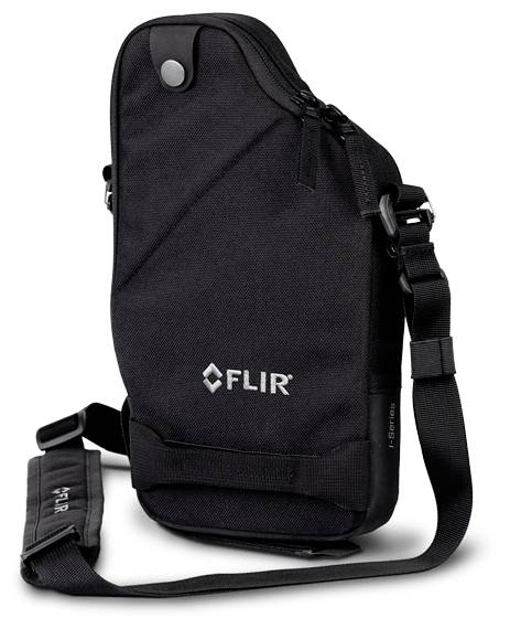 Schwarze FLIR-Tragetasche mit verstellbarem Schultergurt, auf weißem Hintergrund dargestellt.