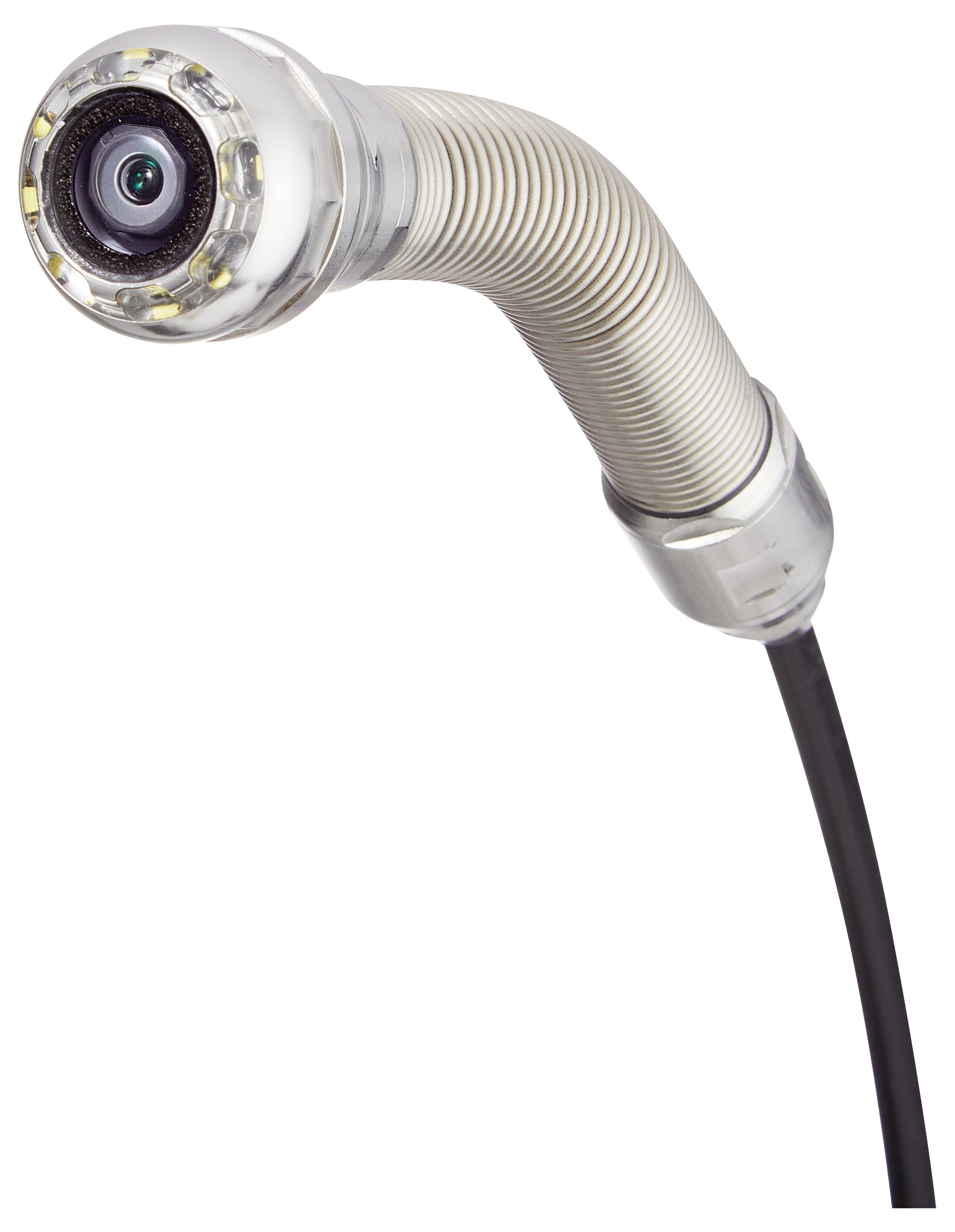 Eine flexible Inspektionskamera mit Linse und LEDs an der Spitze, entwickelt zum Einsicht in schwer zugängliche Bereiche, die an einem Kabel befestigt ist.