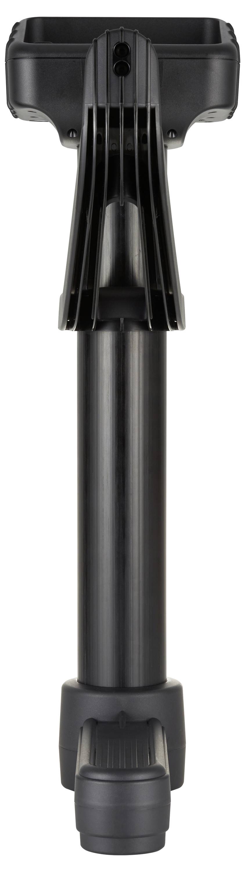 Ein schwarzes verstellbares Stützbein mit zylindrischer Gestaltung, wahrscheinlich für ein Gerät oder Möbelstück, in vertikaler Position gezeigt.