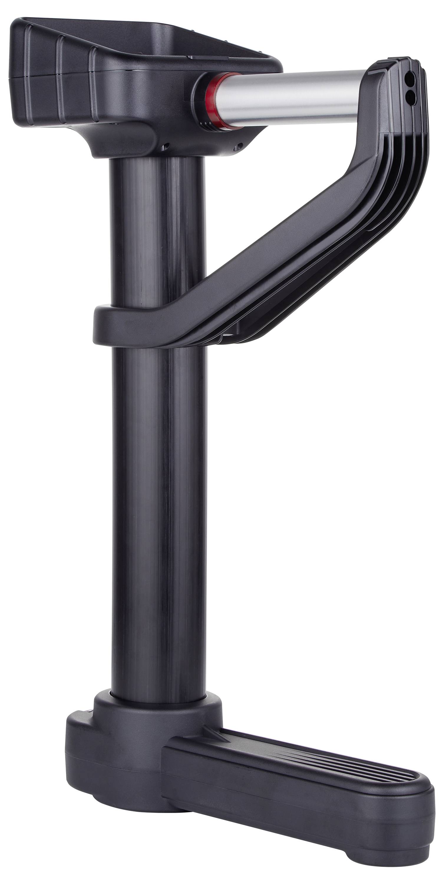 Eine schwarze und graue mechanische Arm, möglicherweise Teil einer Maschine oder Ausrüstung, mit einer zylindrischen Struktur und gegliederten Abschnitten.