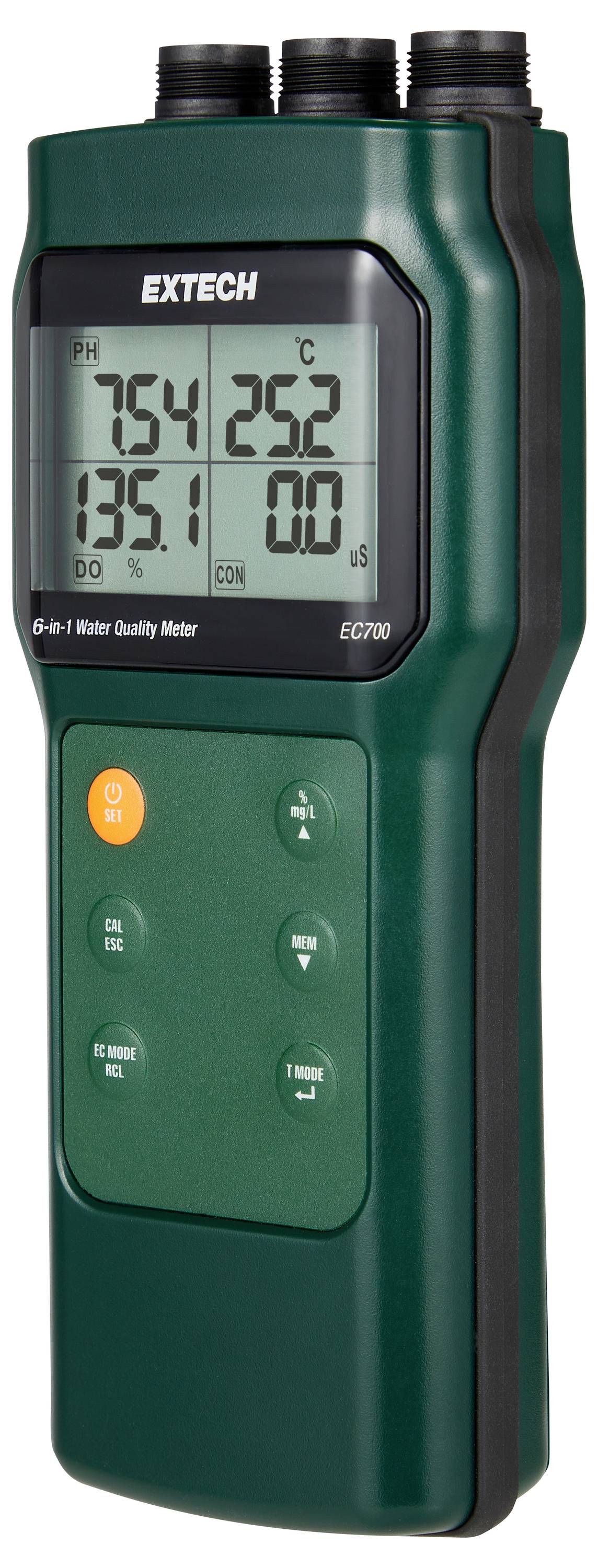 Ein digitales Wasserqualitätsmessgerät mit Anzeige von pH-Wert, Temperatur, gelöstem Sauerstoff und Leitfähigkeit auf einem Display, mit Bedienungstasten darunter.