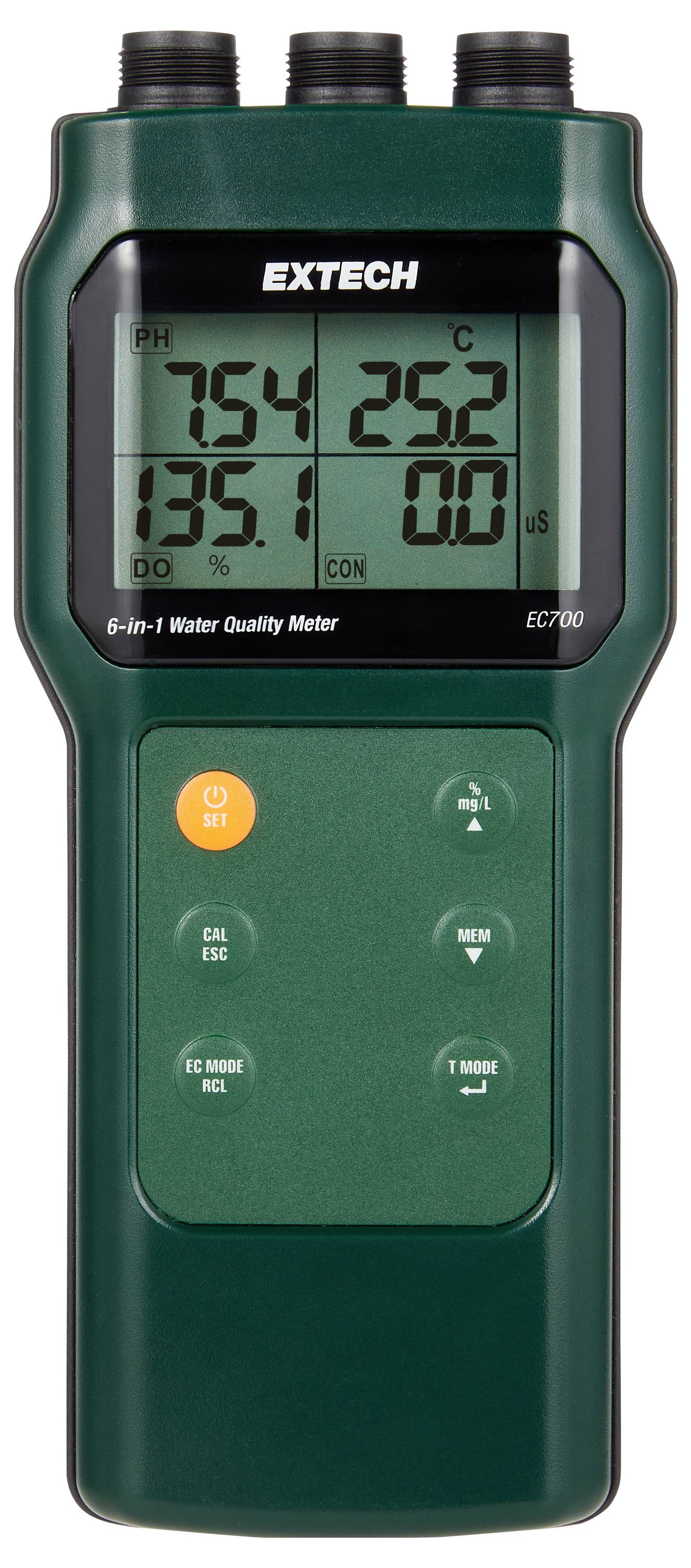 Ein grünes 'Extech 6-in-1 Wasserqualitätsmessgerät', das Messwerte für pH-Wert, Temperatur, gelösten Sauerstoff und Leitfähigkeit anzeigt, mit Bedienungstasten.