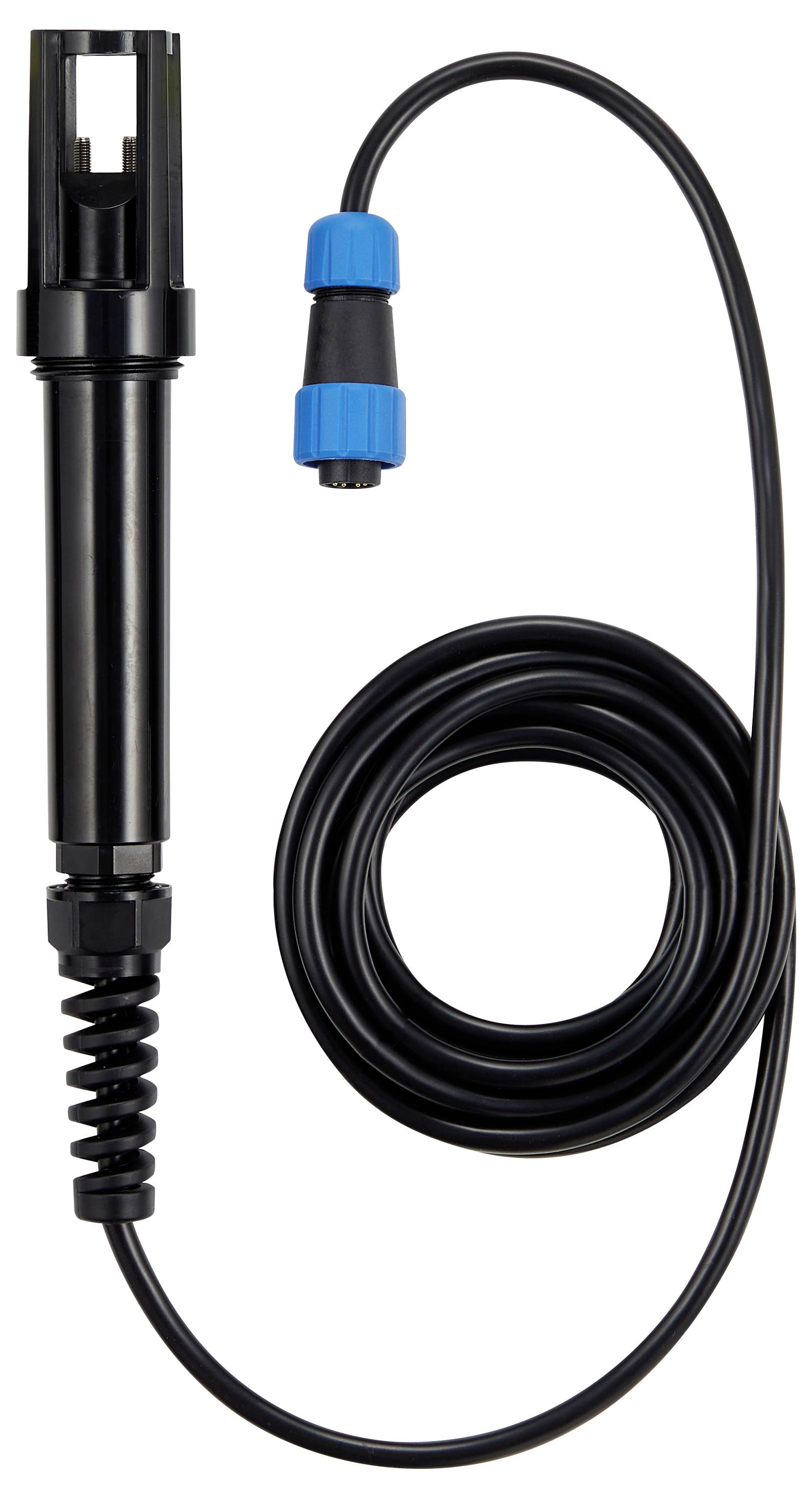 Ein schwarzes Sensorkabel mit einem blauen Stecker, verwendet für elektronische Verbindungen, auf einem weißen Hintergrund.