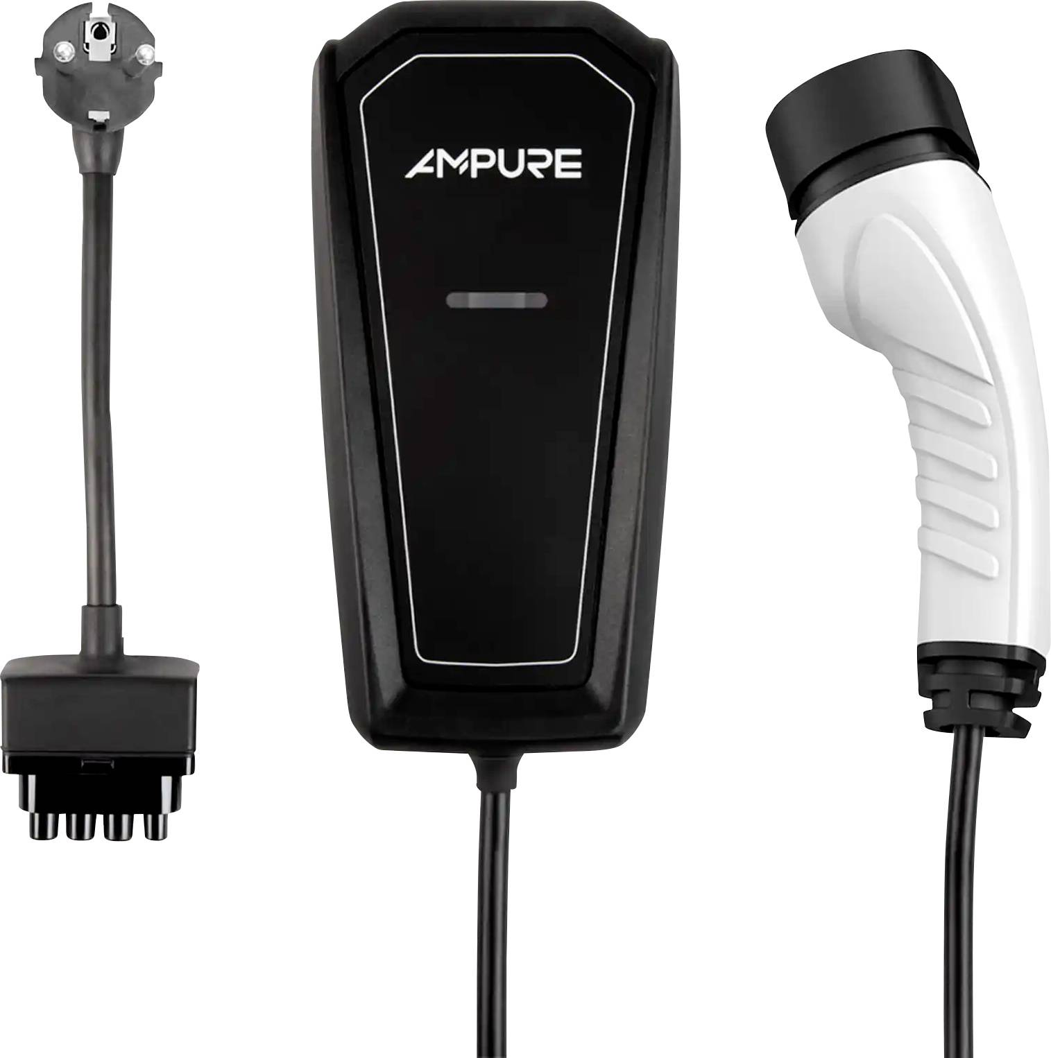 Ladekabel für Elektrofahrzeuge der Marke 'AMPURE' mit Stecker und Anschluss, ausgestattet mit einem eleganten schwarz-weißen Design.