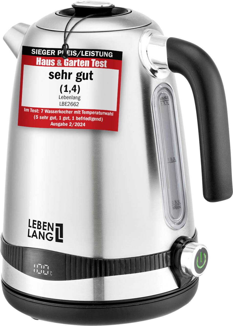Lebenlang LBE2662 Wasserkocher BPA-frei, mit Display Edelstahl Fassungsvermögen: 1.7 l