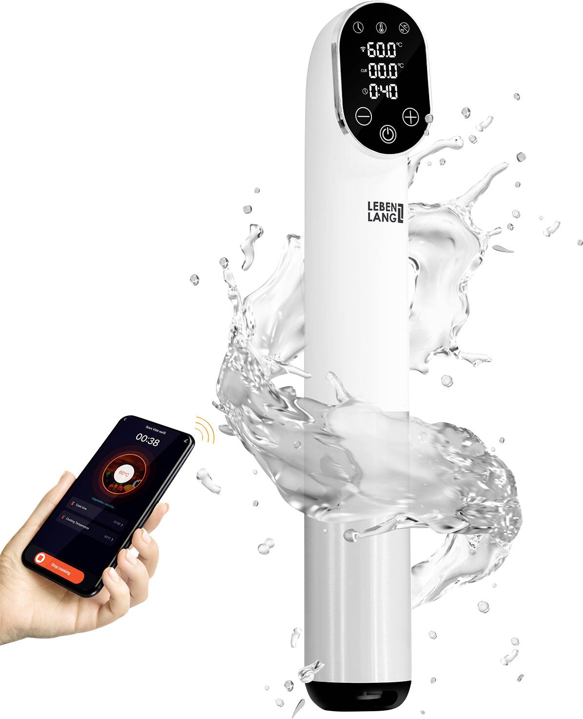 Intelligenter Sous-Vide-Kocher mit digitalem Display und Smartphone-Steuerung, Wasserspritzendesign.