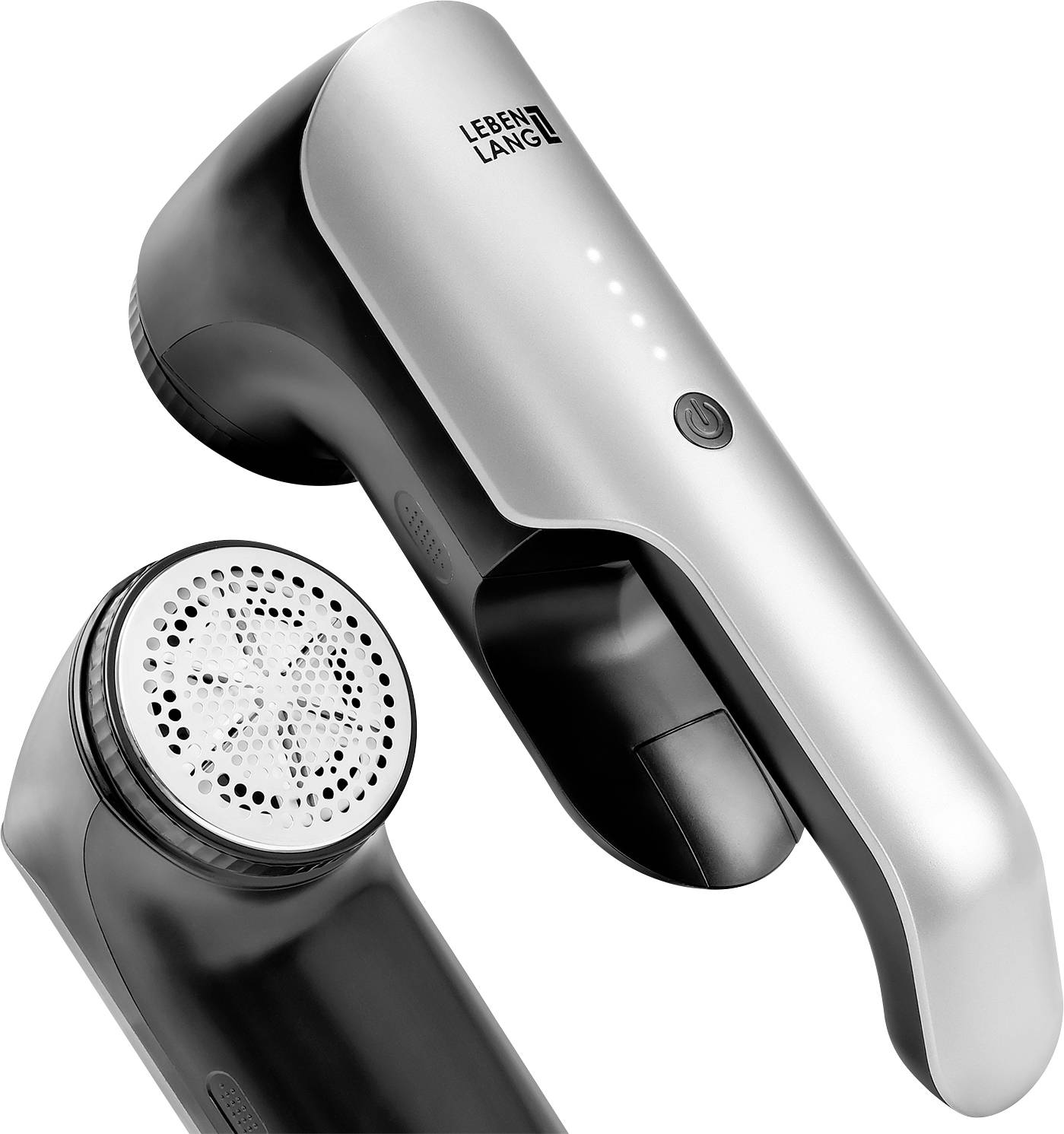 Ein Textilrasierer mit elegantem silber-schwarzem Design, ausgestattet mit einer Einschalttaste und Ladeanzeigen. Der Rasieraufsatz zeigt eine gelochte Abdeckung.