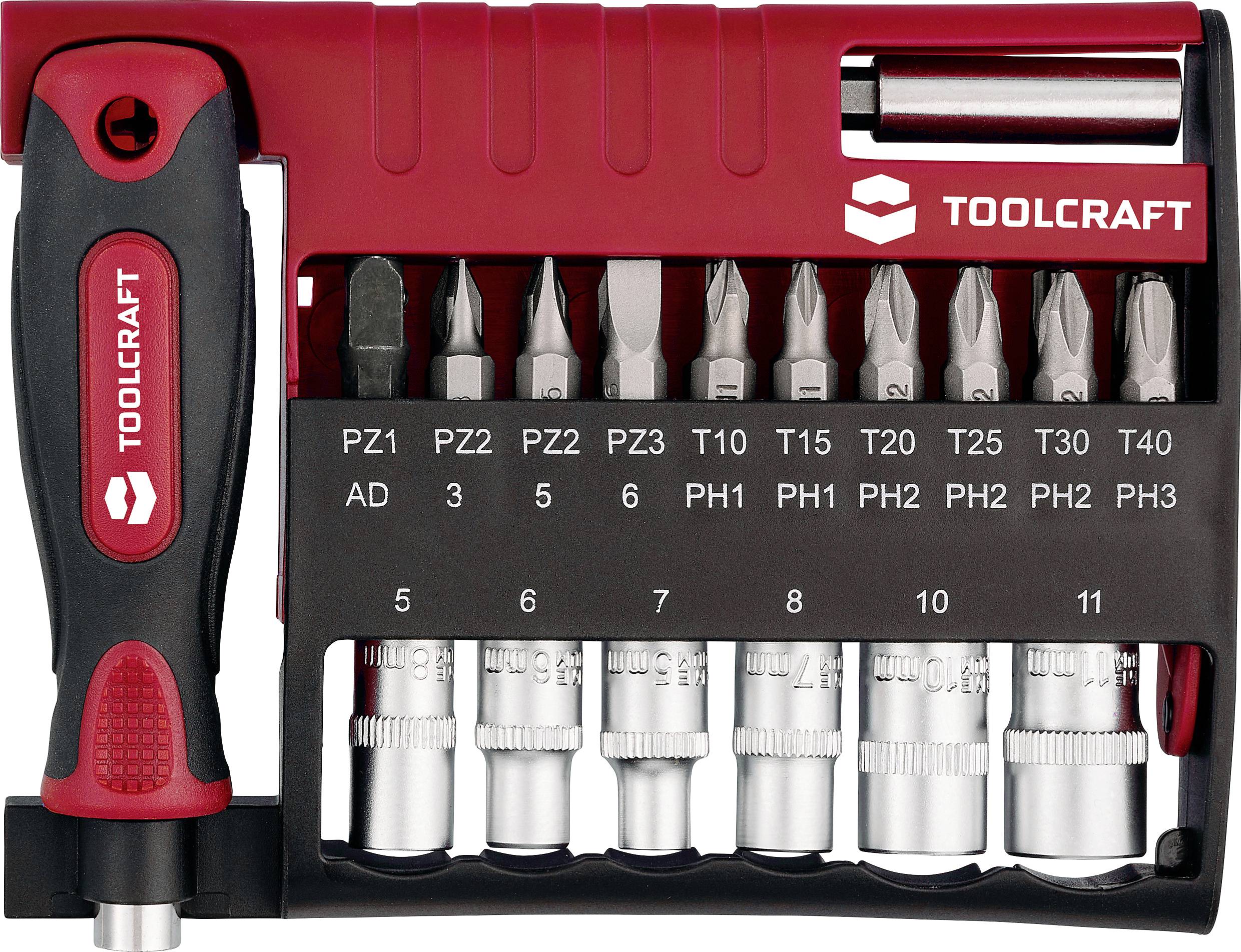 Ein rot-schwarzer TOOLCRAFT Schraubendrehersatz mit verschiedenen auswechselbaren Bits, gekennzeichnet als PZ1, PZ2, PZ3, PH1, PH2, T10, T15, T20, T25, T30, T40.