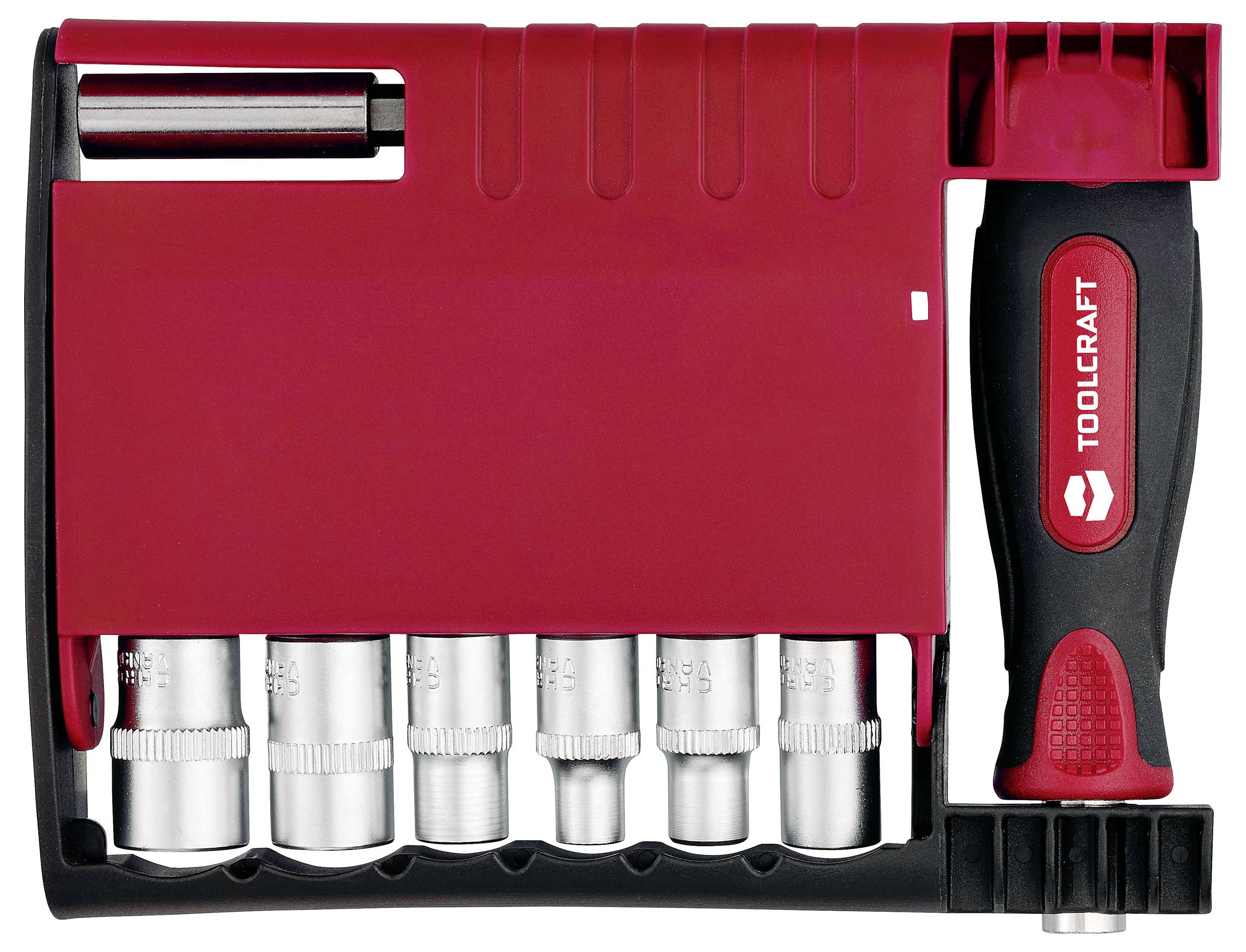 Ein Steckschlüsselsatz mit mehreren Aufsätzen und einem roten Griff wird präsentiert, konzipiert für verschiedene mechanische und Reparaturaufgaben.