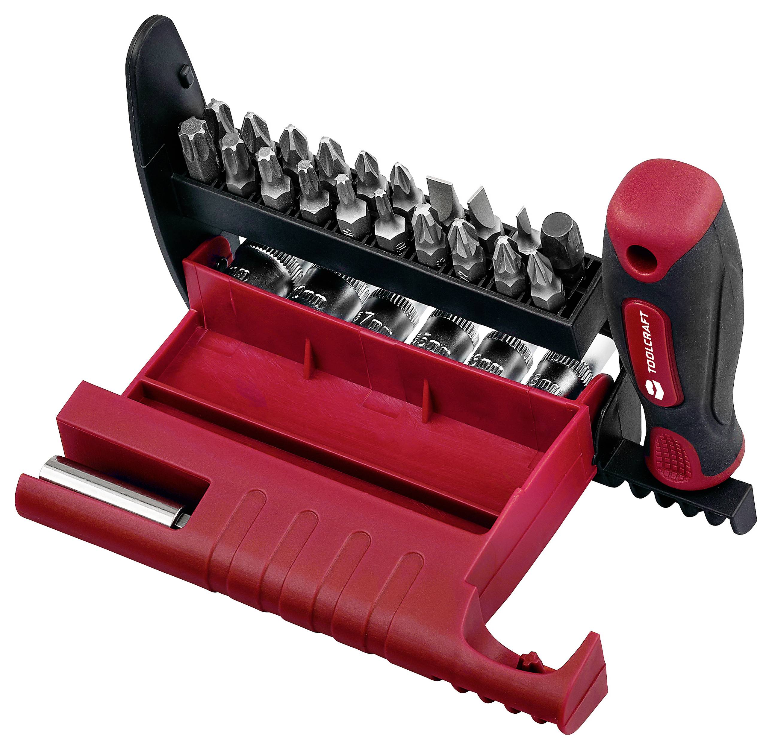 Ein kompaktes Werkzeugset mit verschiedenen Schraubendreher-Bits und Steckschlüsseln in einem rot-schwarzen Etui.