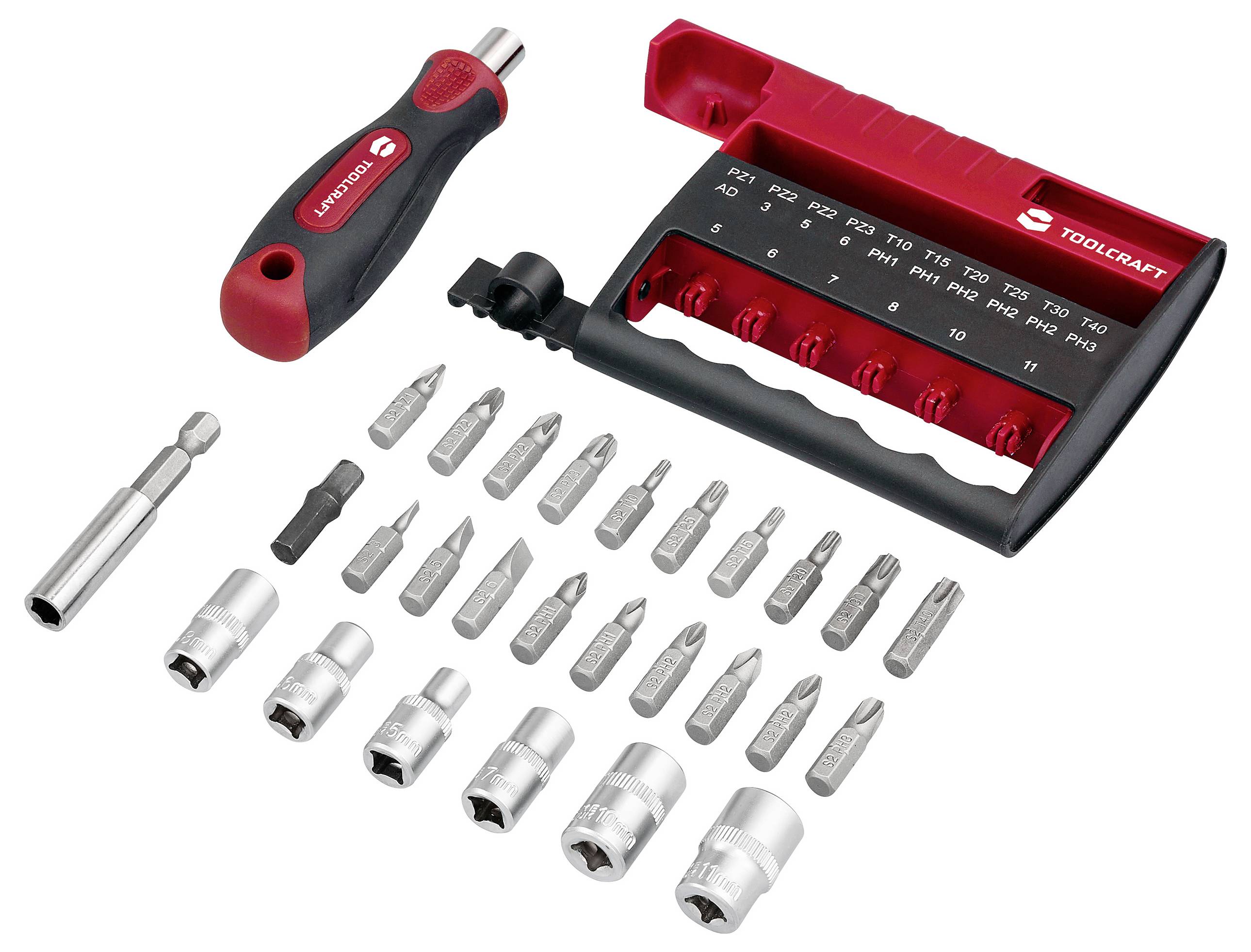 Ein Schraubendreher-Set in Rot und Schwarz mit verschiedenen austauschbaren Bits und Aufsteckdosen, beschriftet mit Maßangaben von 6 mm bis 13 mm.