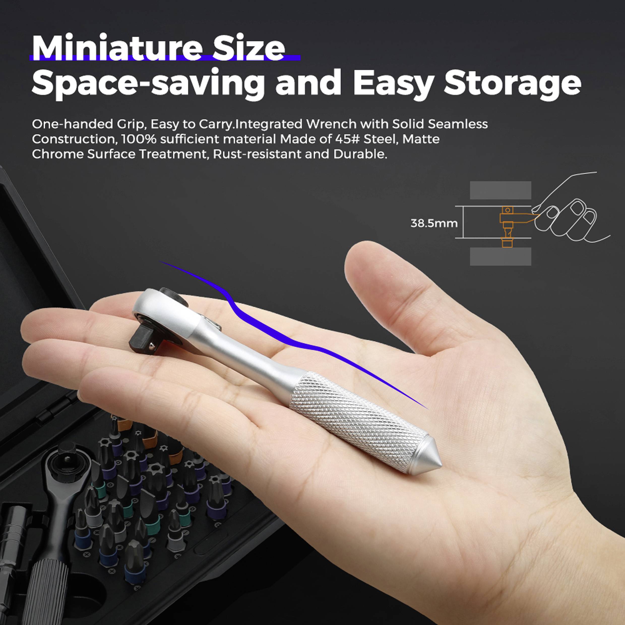 Ein kleiner, silberner verstellbarer Schraubenschlüssel, der in einer Hand ruht und seine miniaturhafte Größe und einfache Lagerfähigkeit hervorhebt. Der Text erwähnt Haltbarkeit und Rostbeständigkeit.